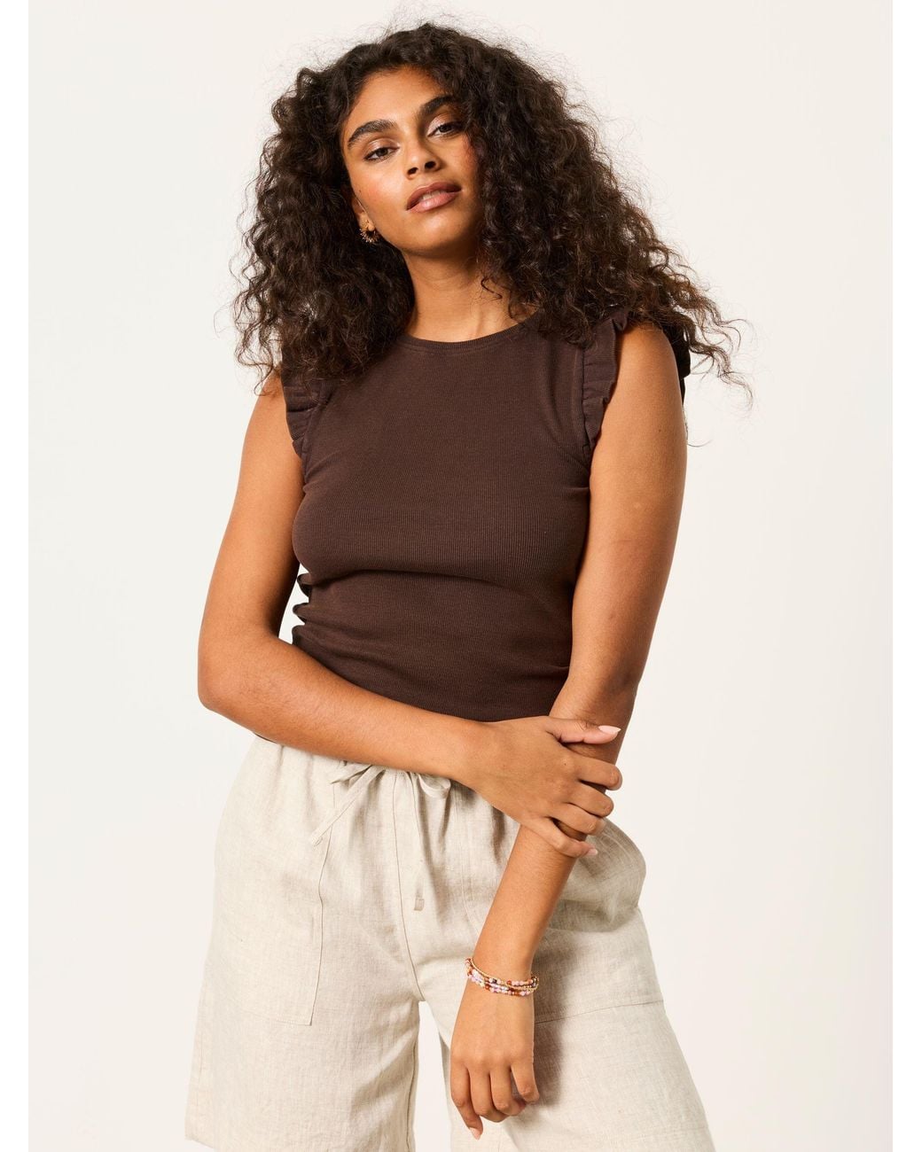 FatFace Brown Frill Sleeveless Top