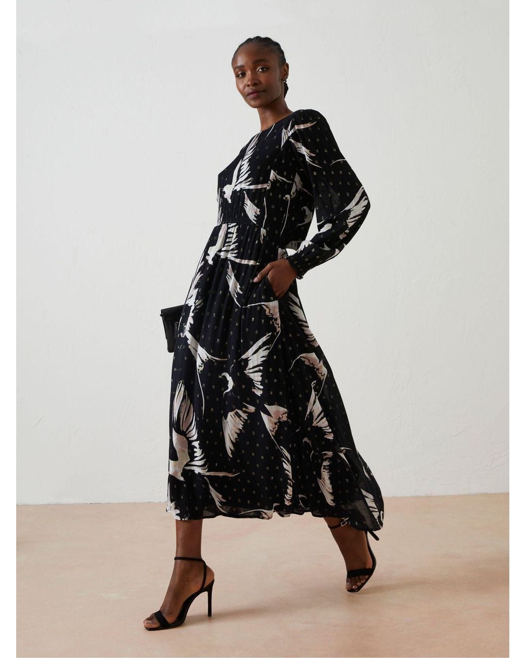 FatFace Black Elaine Swallow Print Midi Dress