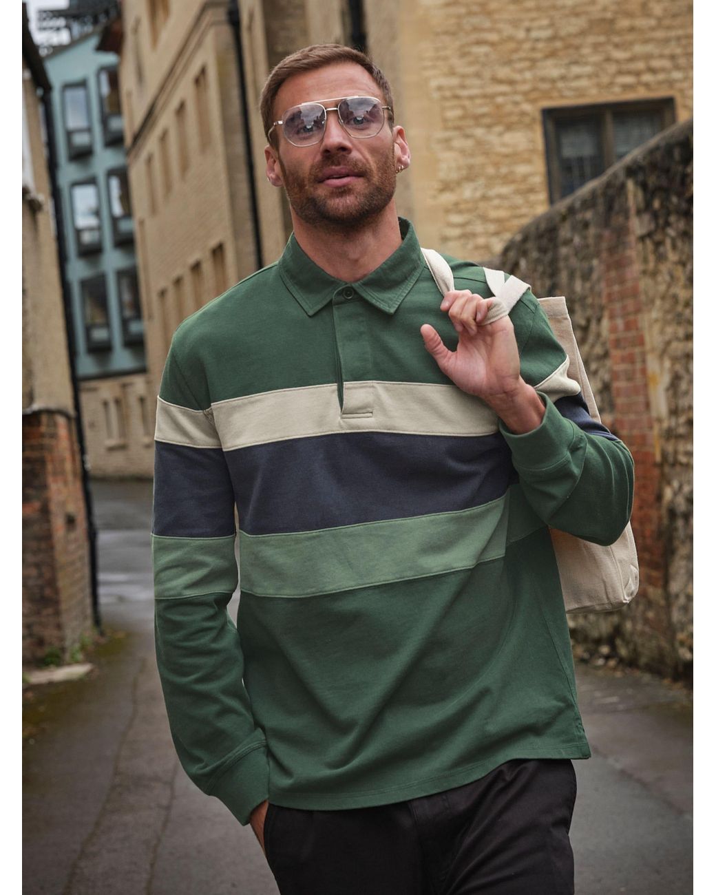 FatFace Green Long Sleeve Chest Stripe Rugby for men