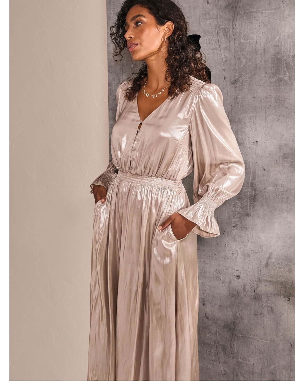 FatFace Natural Rina Metallic Midi Dress
