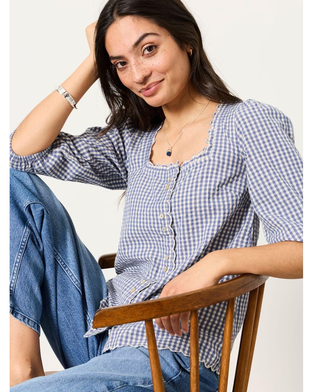 FatFace Blue Sofia Petite Gingham Blouse