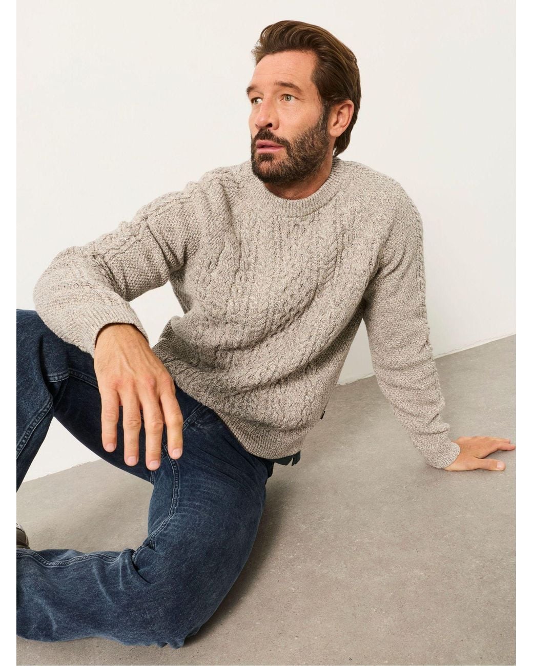 FatFace Natural Penton Knitted Cable Crew Jumper for men