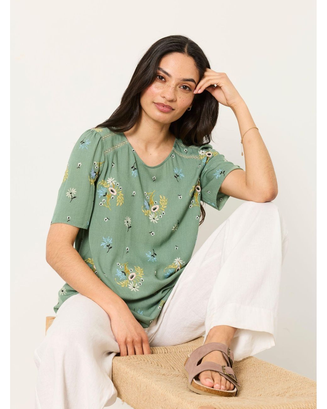 FatFace Green Sofia Embroidered Blouse