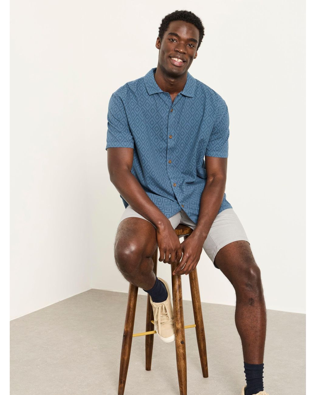 FatFace Blue Short Sleeve Relaxed Fit Garment Dye Geo Textured Shirt for men