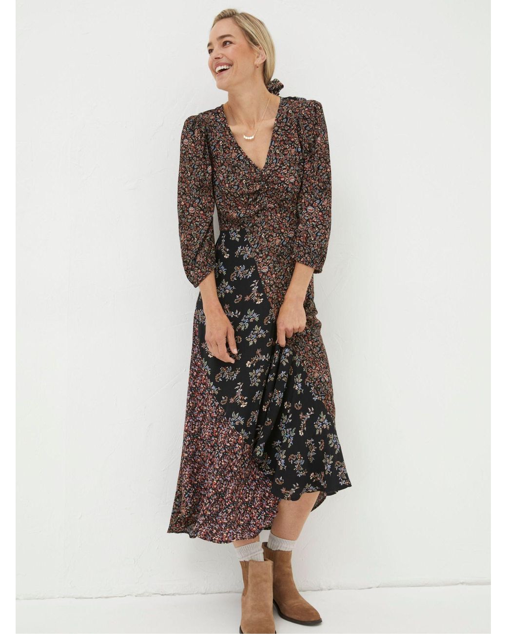 FatFace Black Nate Craft Floral Midi Dress