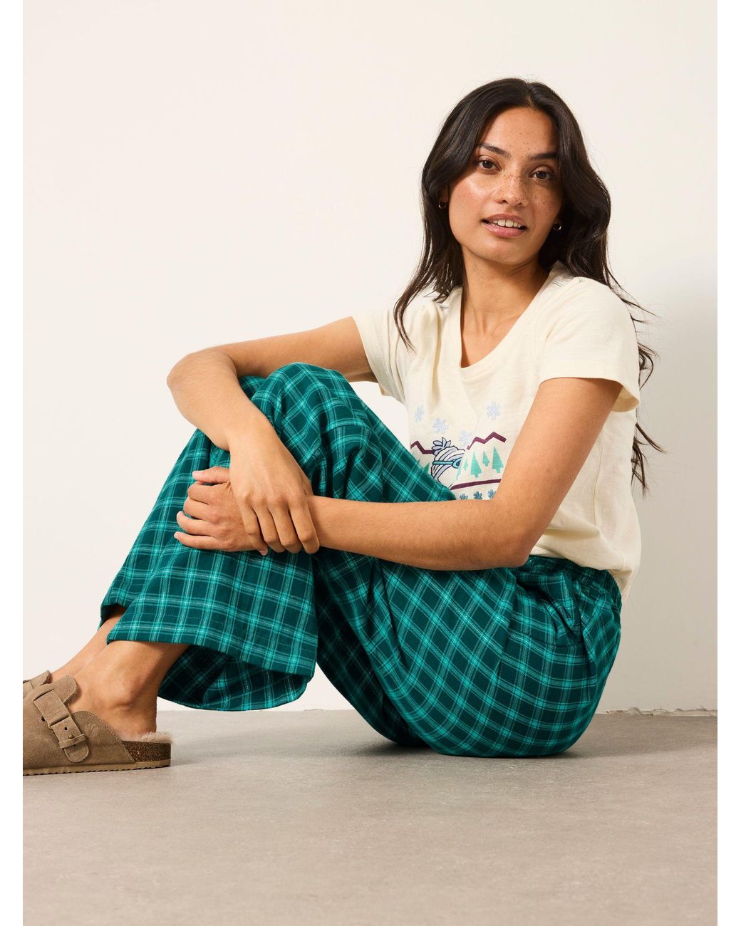 FatFace Green Lola Sparkle Gingham Wide Leg Pyjama Bottoms