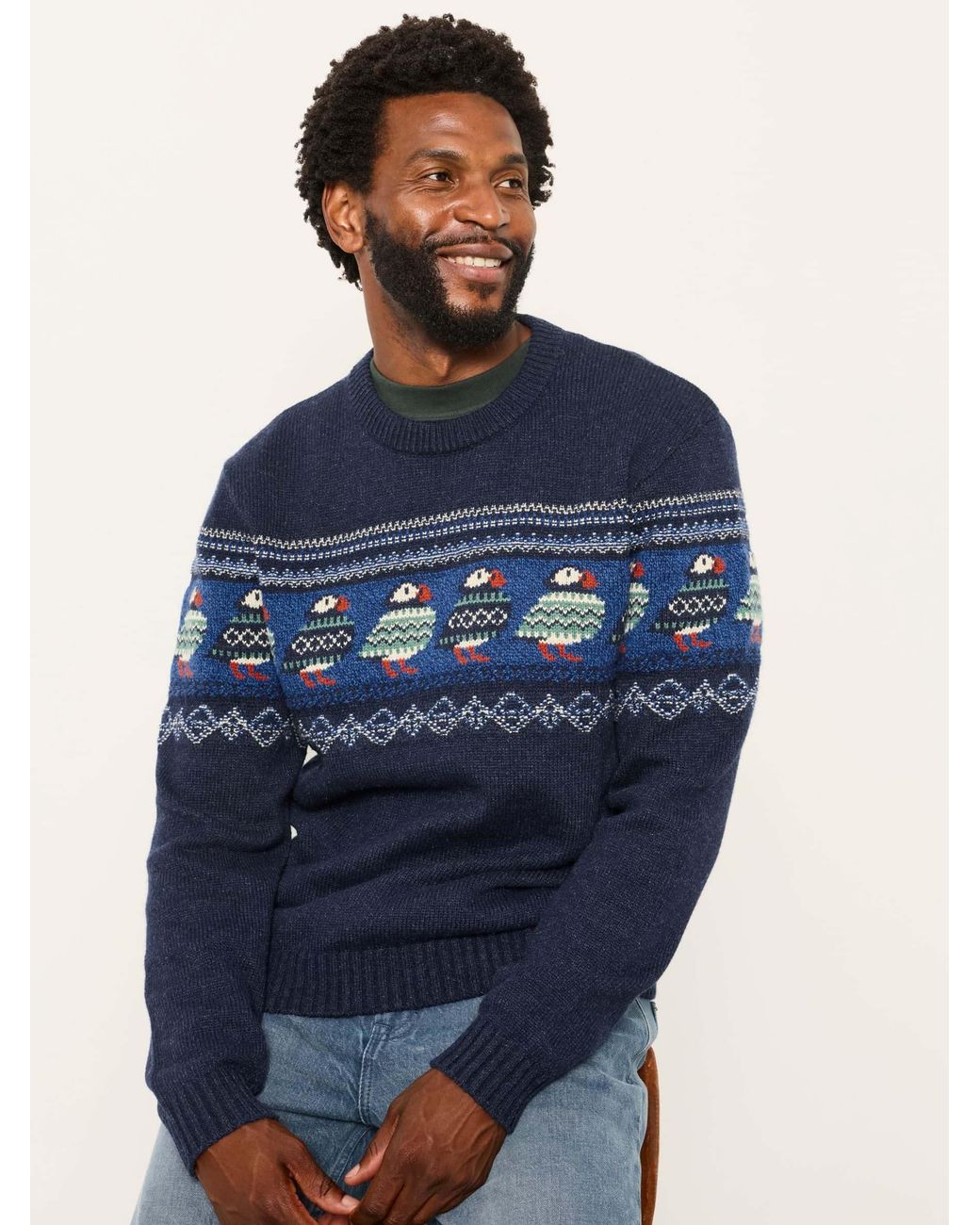 FatFace Blue Puffin Crew Neck Knitted Jumper for men