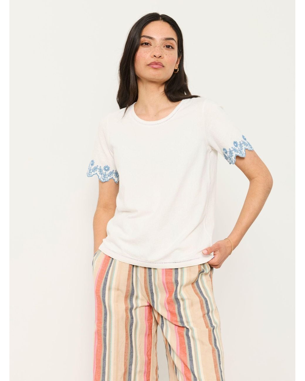 FatFace White Natalie Embroidered Sleeve T Shirt