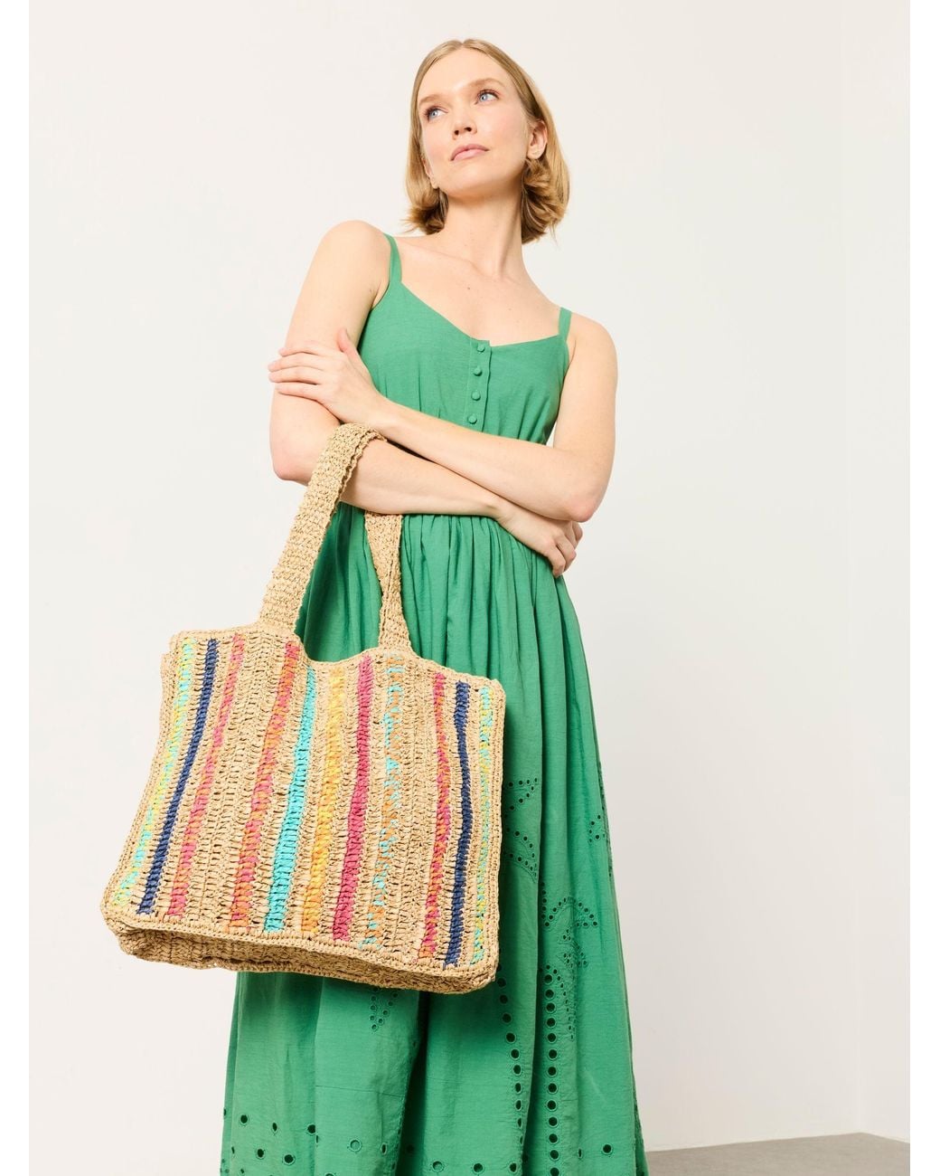 FatFace Green Stripe Straw Tote Bag
