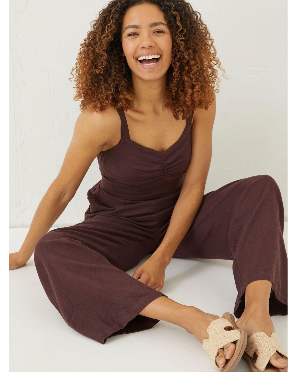 FatFace Brown Linen Vic Jumpsuit