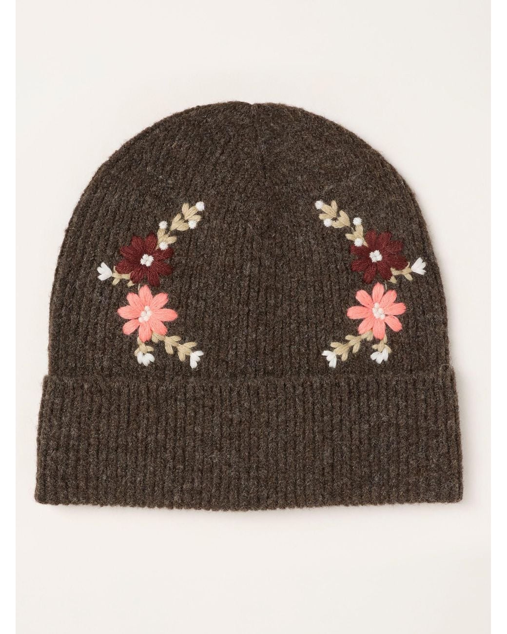 FatFace Brown Fatface Flower Embroidered Beanie