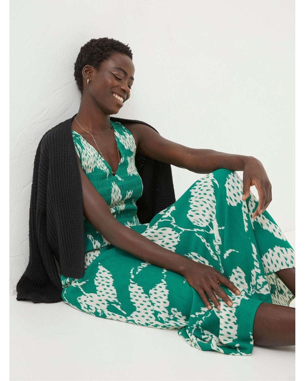 FatFace Green Textured Leaves Midi Dress