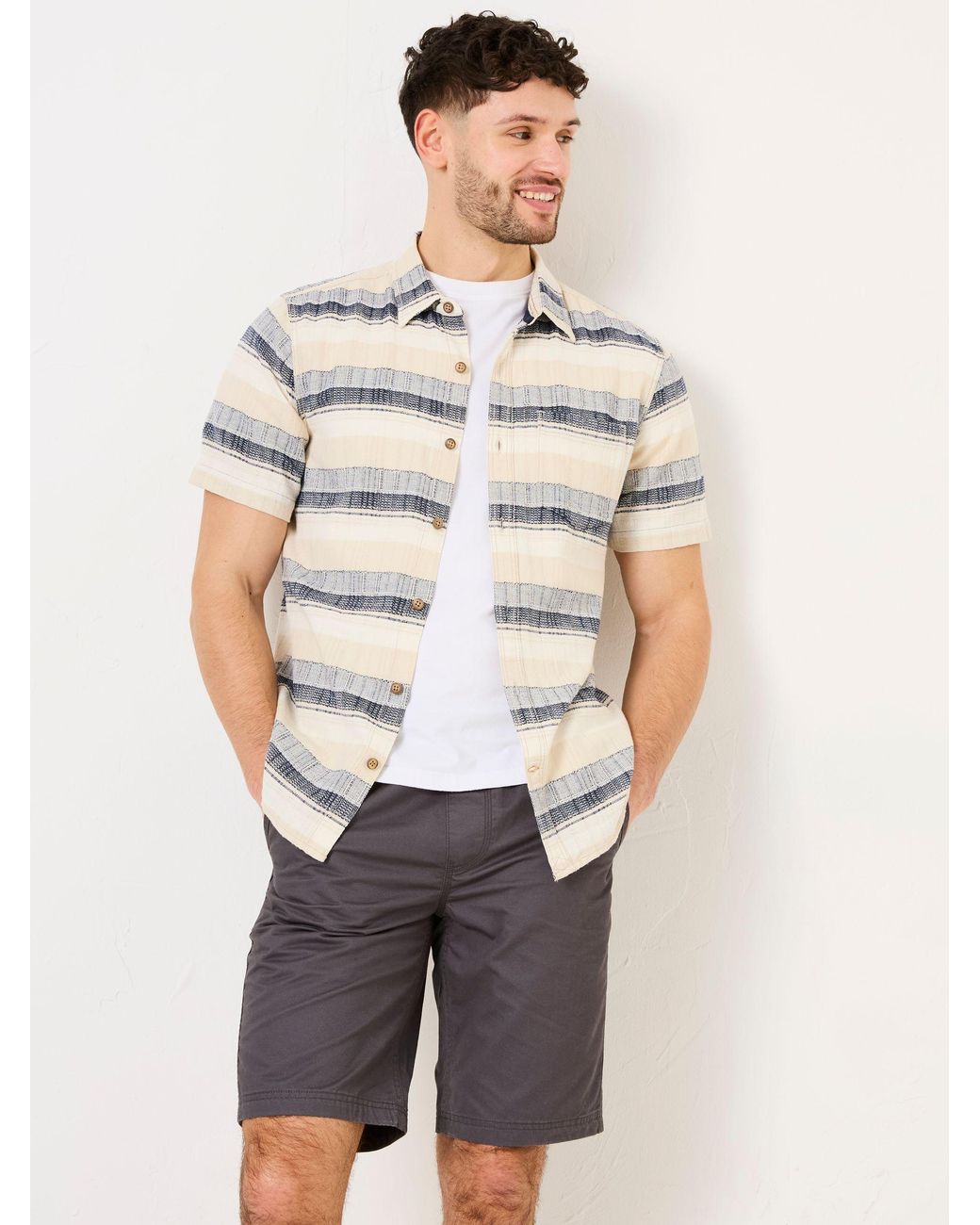 FatFace Blue Milo Short Sleeve Textured Stripe 100% Cotton Shirt for men