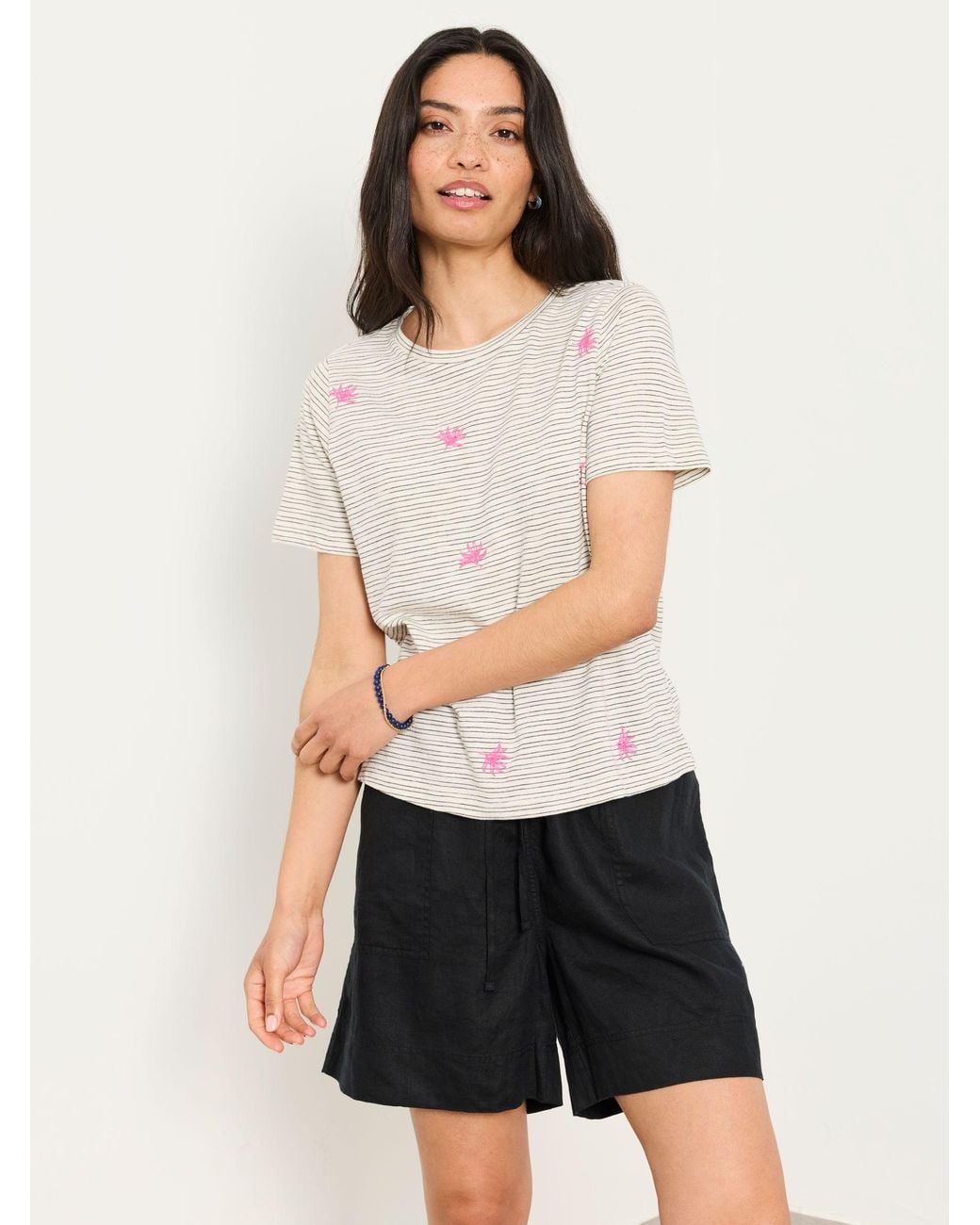 FatFace White Stripe Embroidered Flower T-Shirt