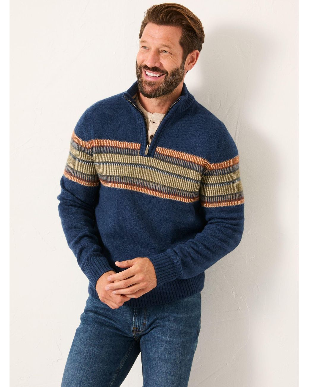 FatFace Blue Runswick Half Zip Neck Knitted Jumper for men