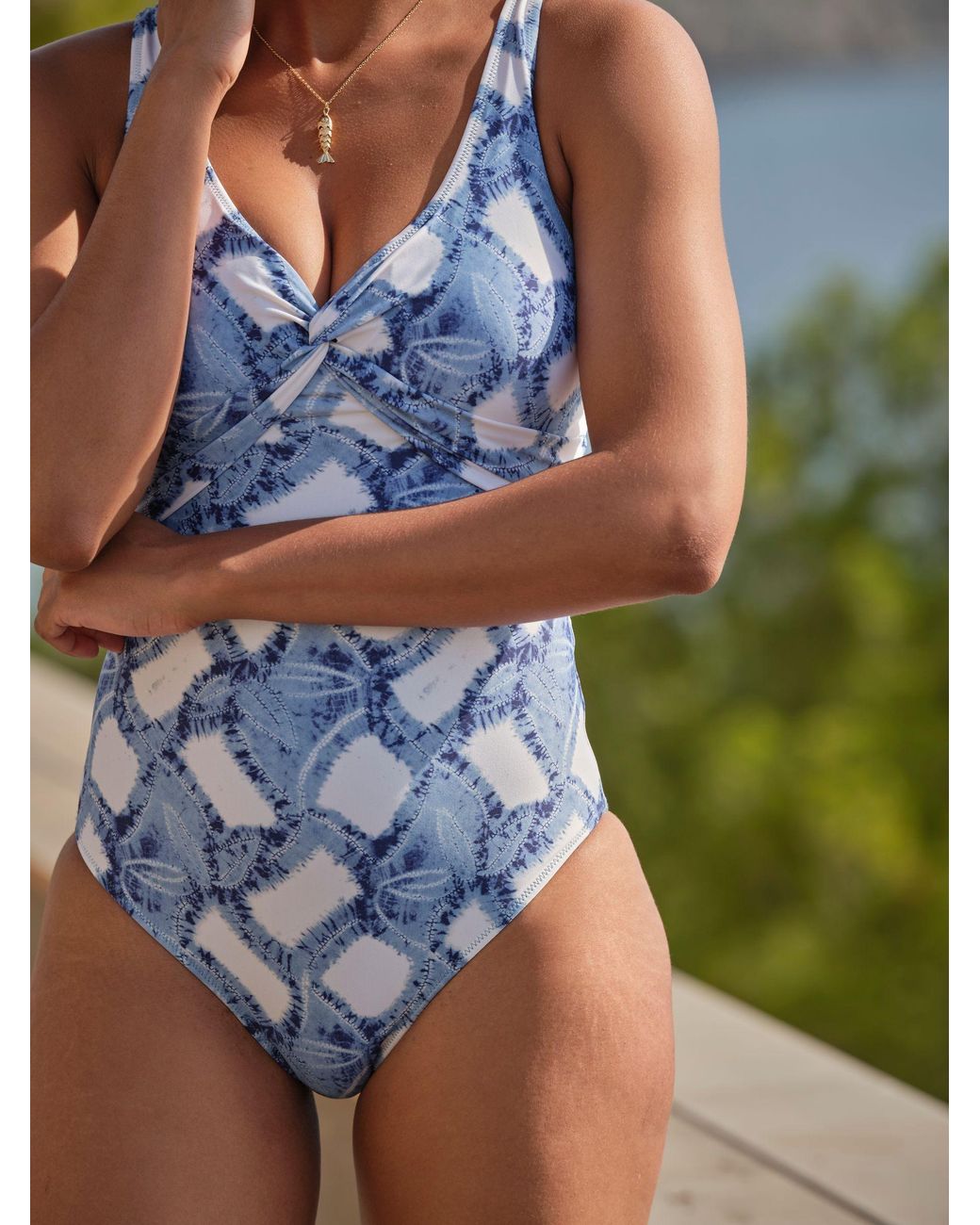 FatFace Blue Sennen Leaf Print Twist Swimsuit