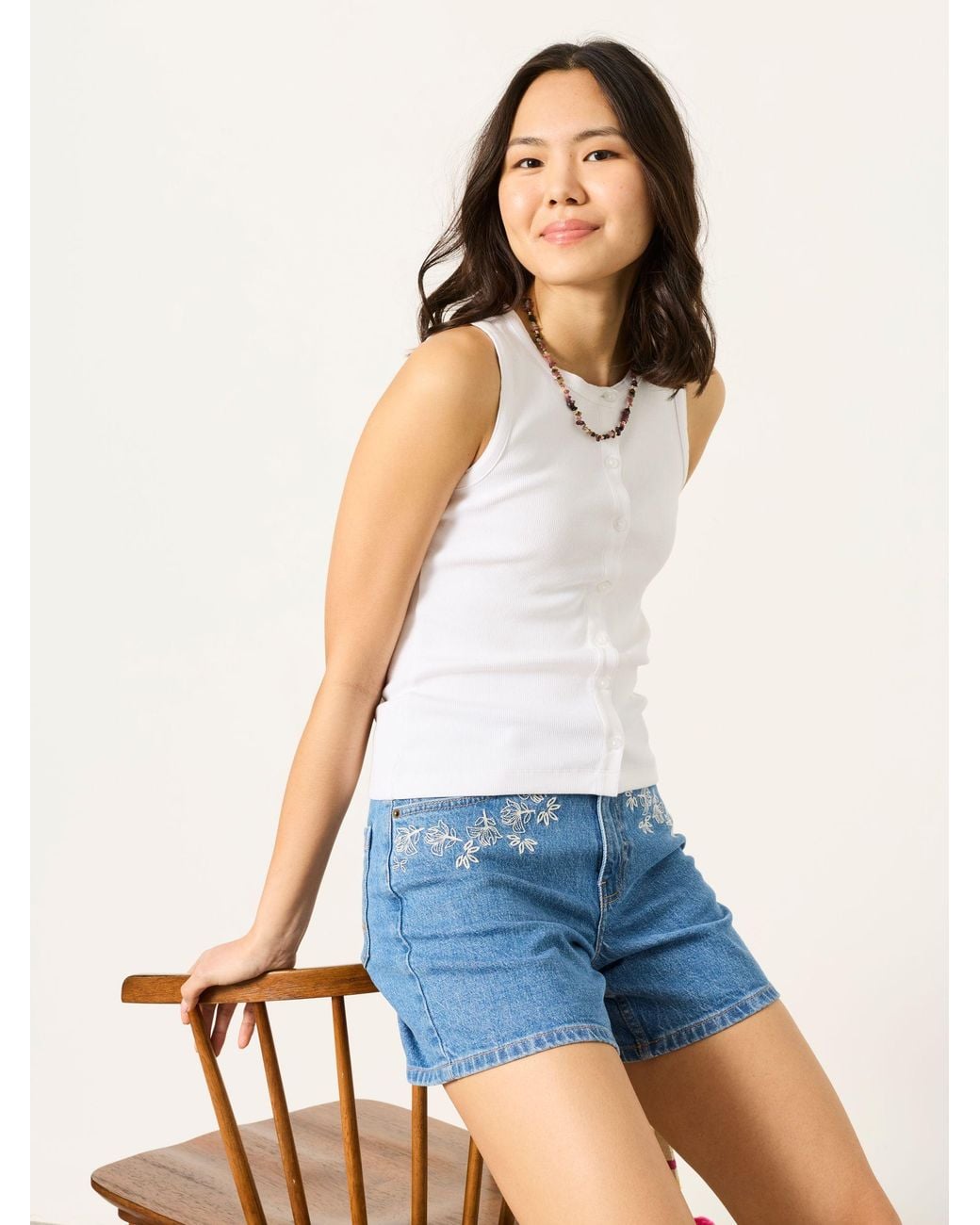 FatFace White Rosa Button Ribbed Vest