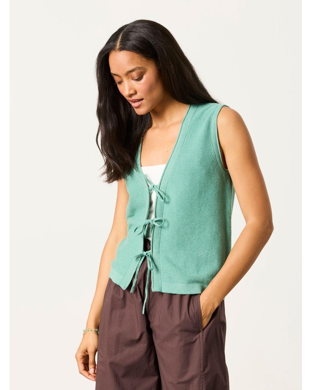 FatFace Green Fia Tie Front Knitted Vest