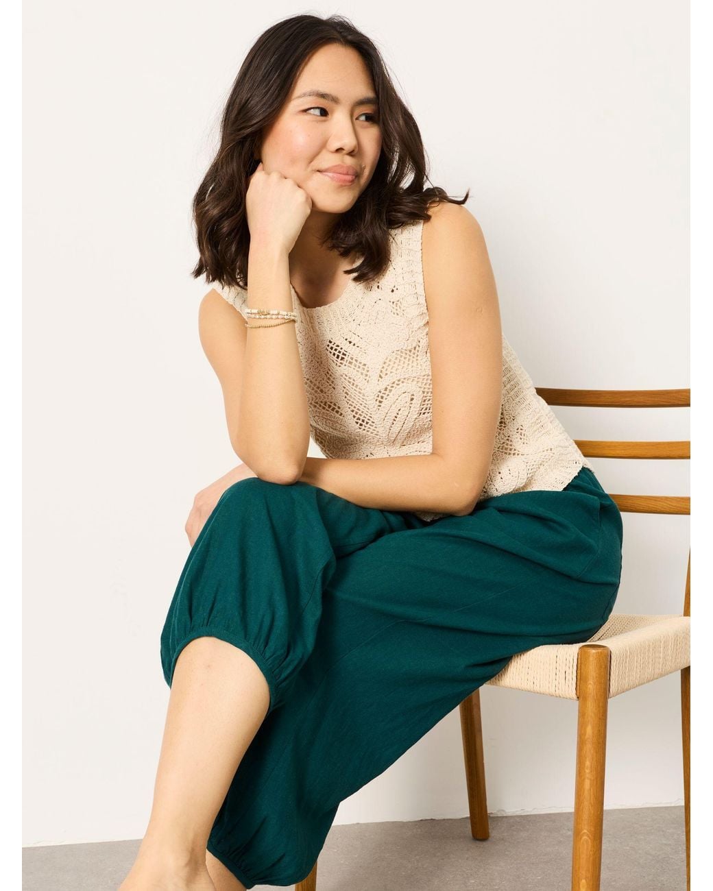 FatFace Green Amelia Linen Wide Leg Cuffed Trousers