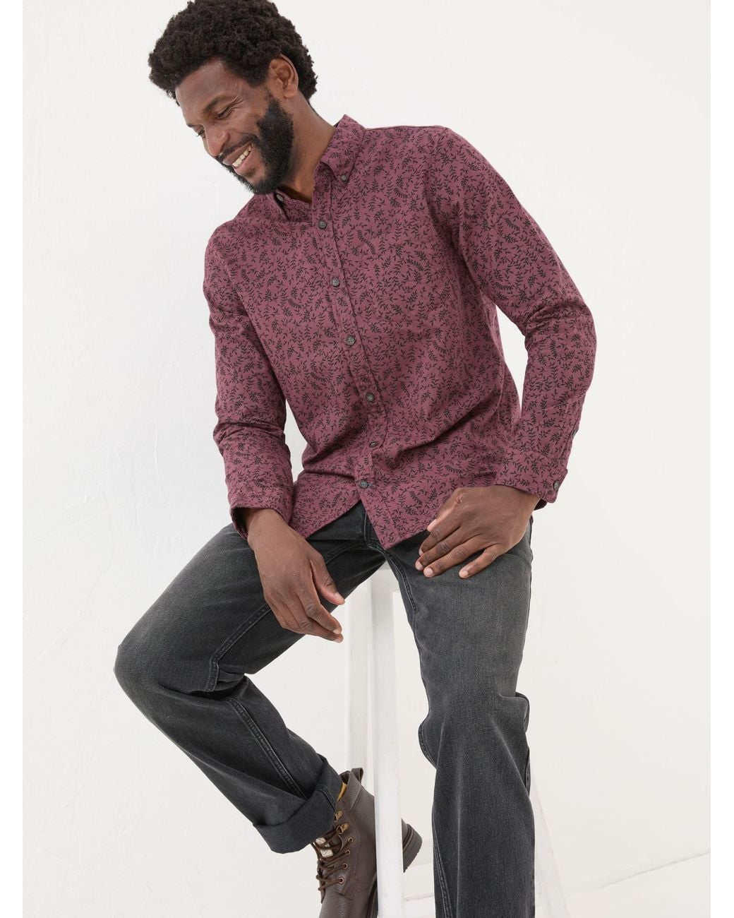FatFace Purple Fatface Long Sleeve Vine Print 100% Cotton Shirt for men