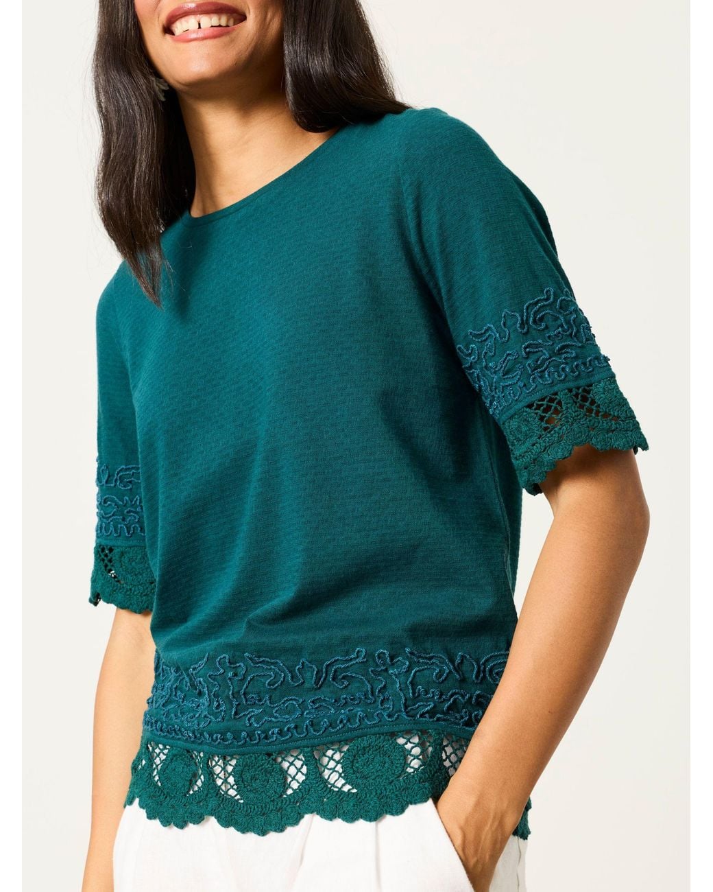 FatFace Green Chloe Crochet Detail T-Shirt
