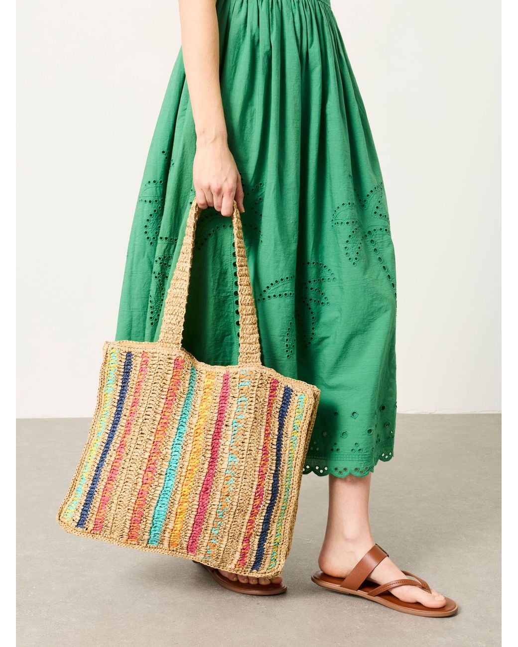 FatFace Green Stripe Straw Tote Bag