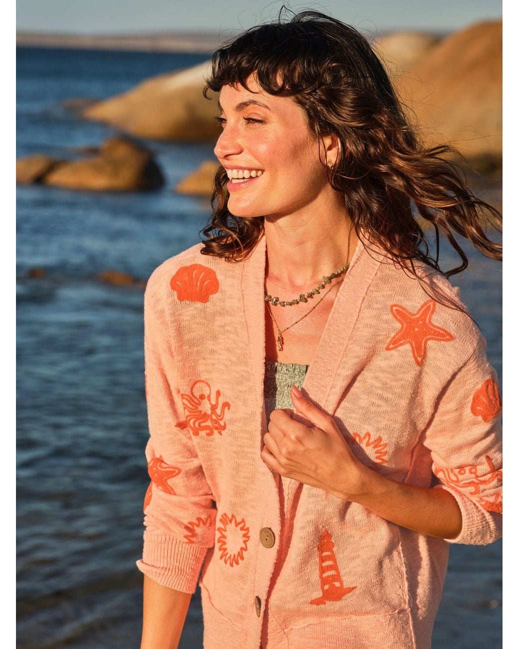 FatFace Orange Seascape Knitted Cardigan