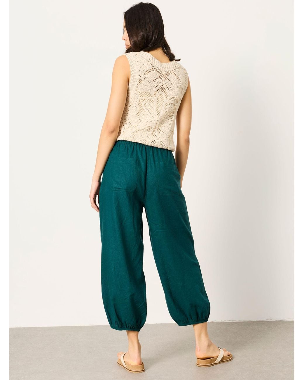 FatFace Green Amelia Linen Wide Leg Cuffed Trousers