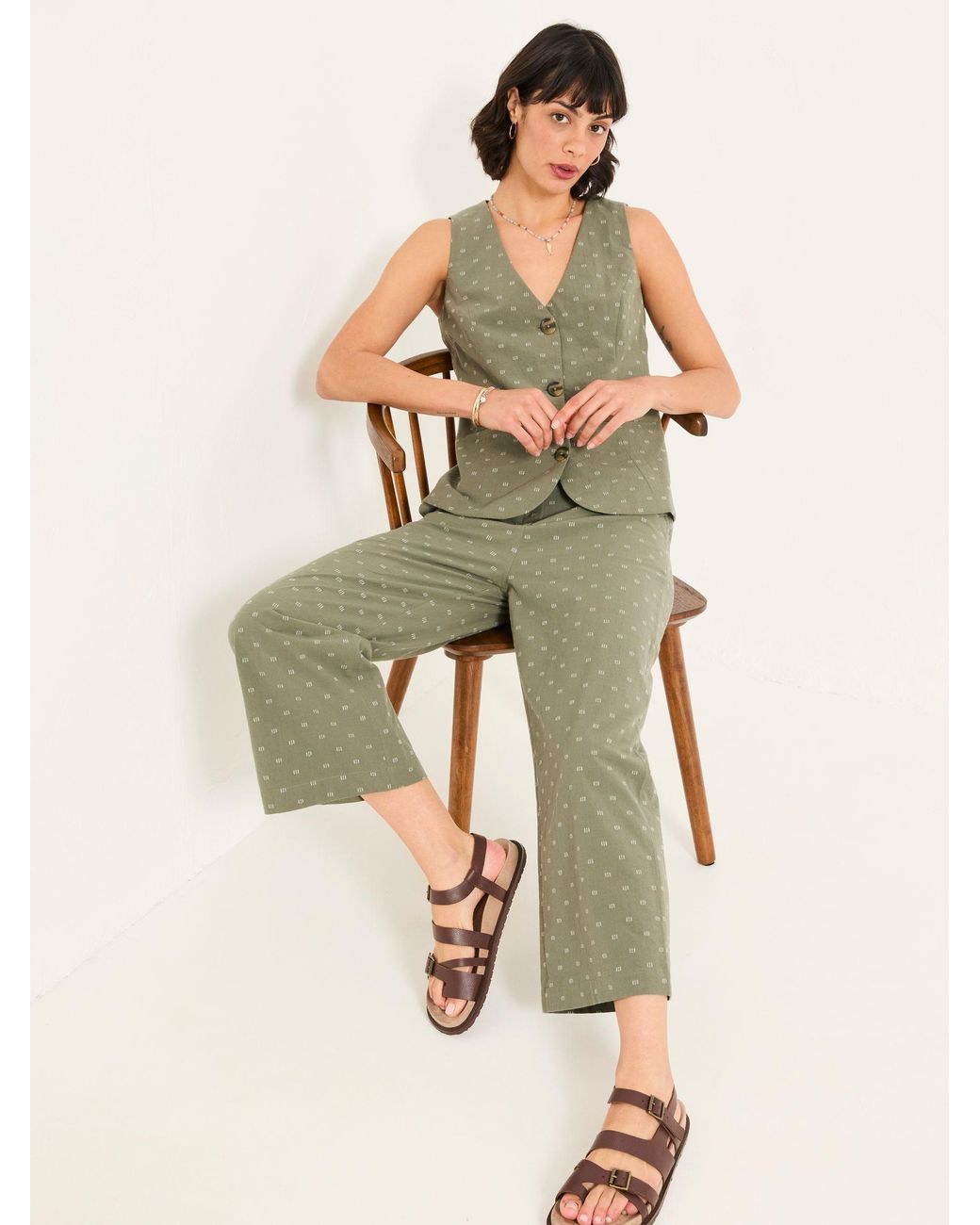 FatFace Natural Nina Embroidered Cropped Trousers