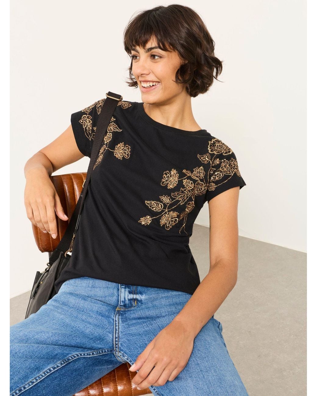FatFace Black Ivy Embroidered Sparkle T Shirt