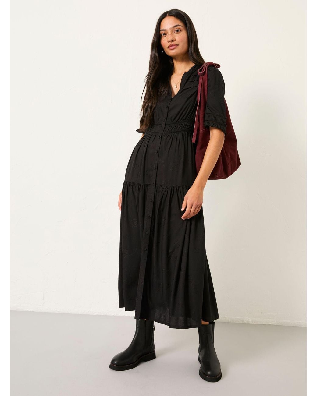 FatFace Black Elsie Regular Embroidered Midi Dress