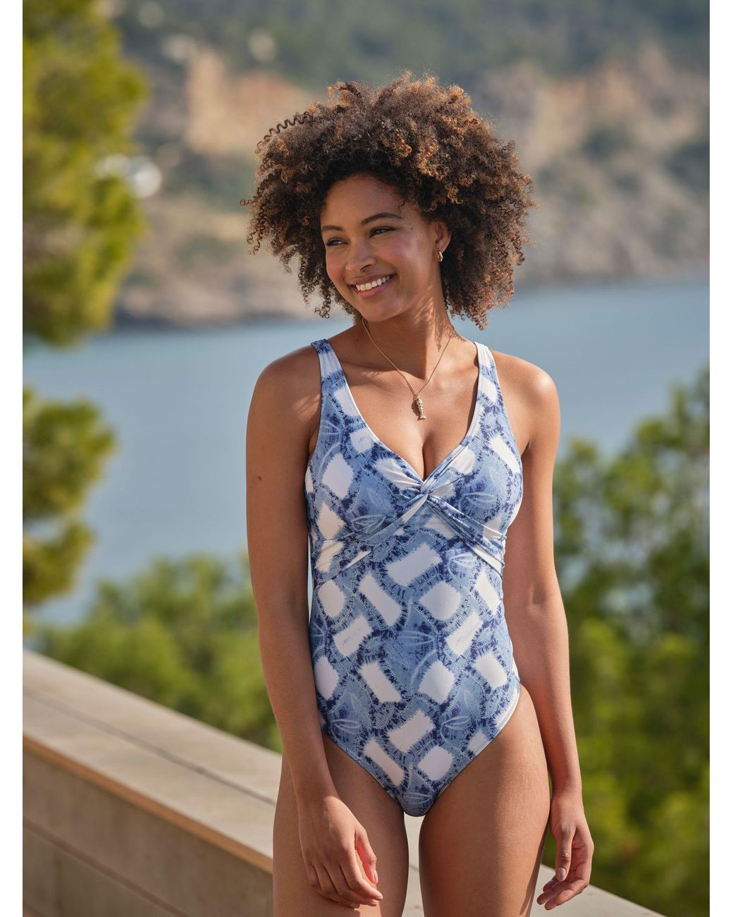 FatFace Blue Sennen Leaf Print Twist Swimsuit