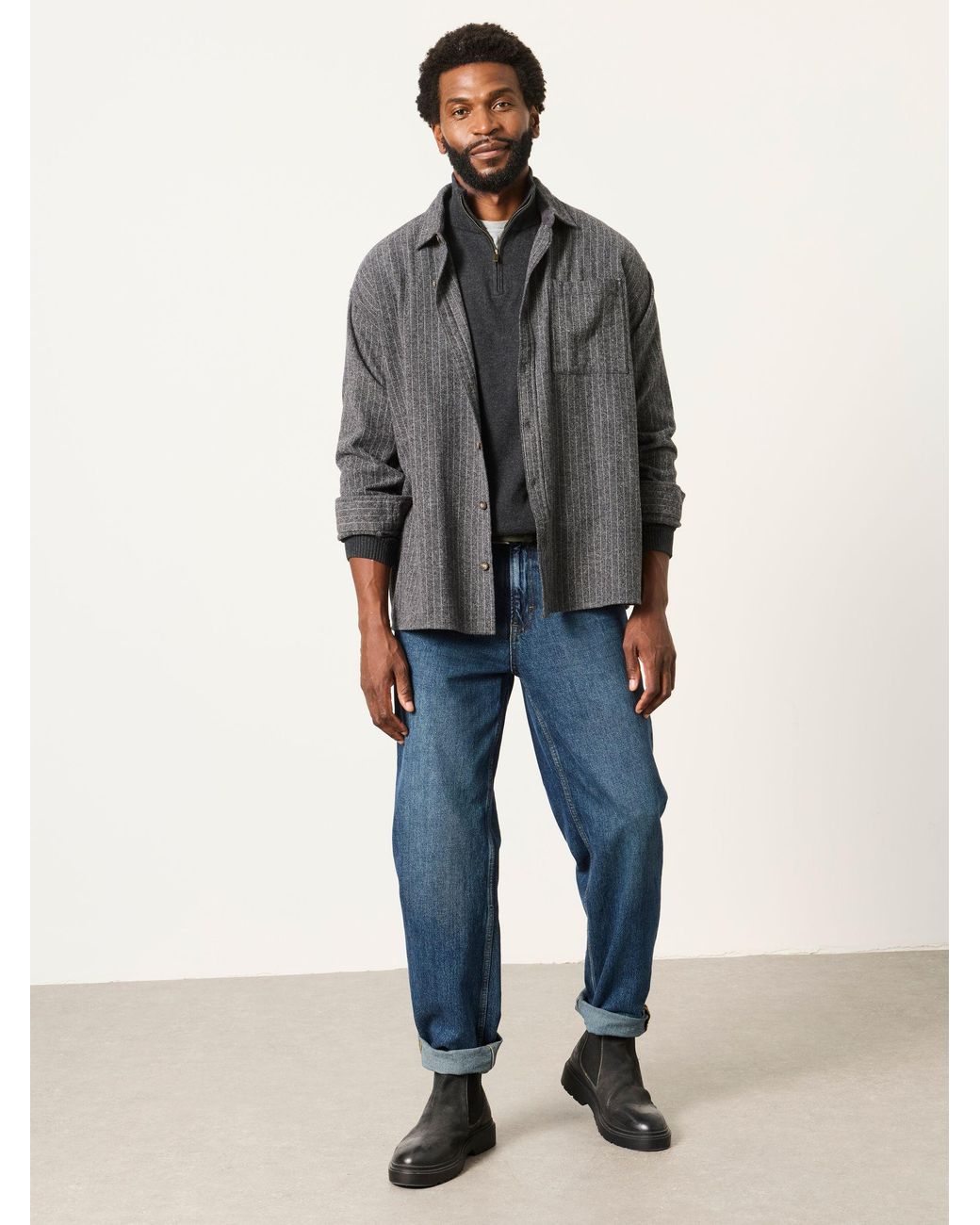 FatFace Gray Fatface Long Sleeve Relaxed Fit Herringbone Stripe Brushed Shirt for men