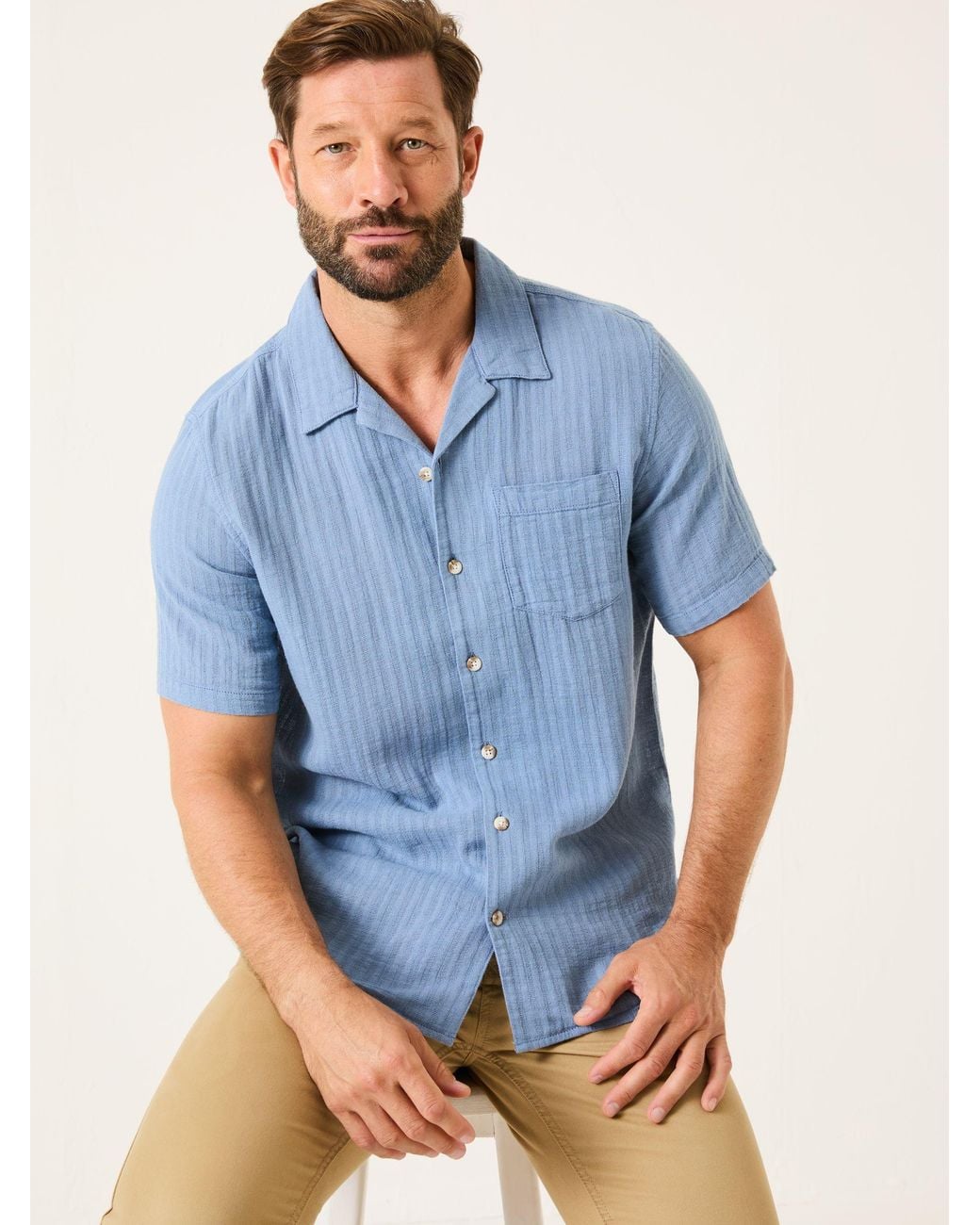 FatFace Blue Bugle Short Sleeve Linen Cotton Shirt for men