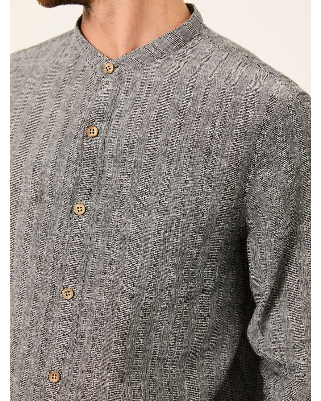 FatFace Gray Fatface Bugle Long Sleeve Grandad Linen Cotton Shirt for men