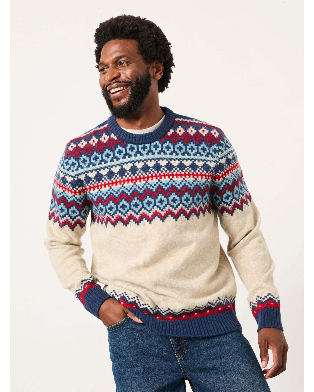 FatFace Natural Hudson Knitted Fairisle Crew Jumper for men