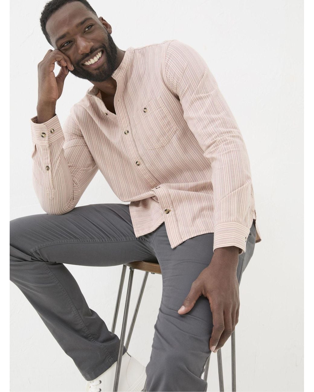 FatFace Natural Long Sleeve Stripe Grandad Shirt for men