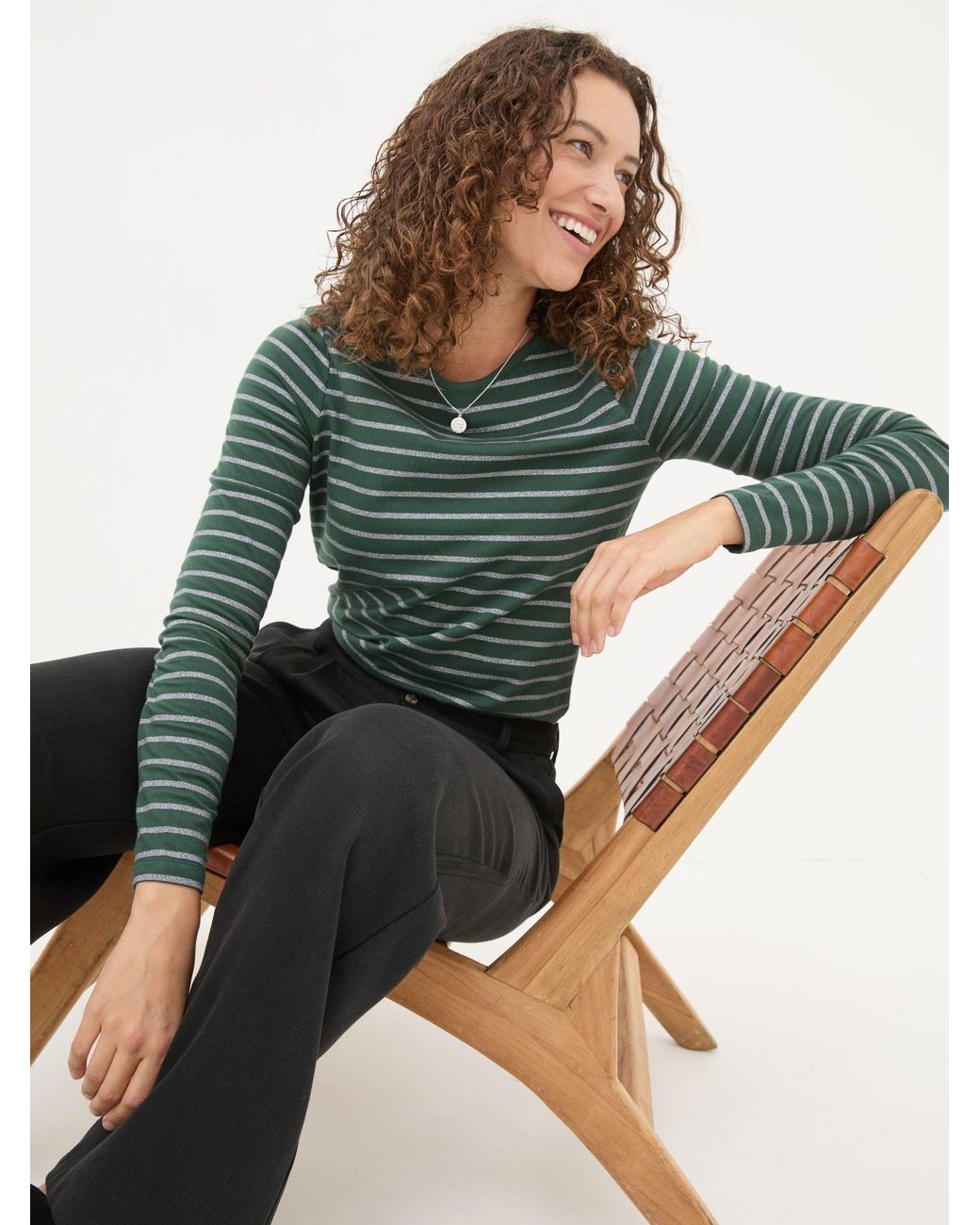 FatFace Green Sparkle Breton T-Shirt