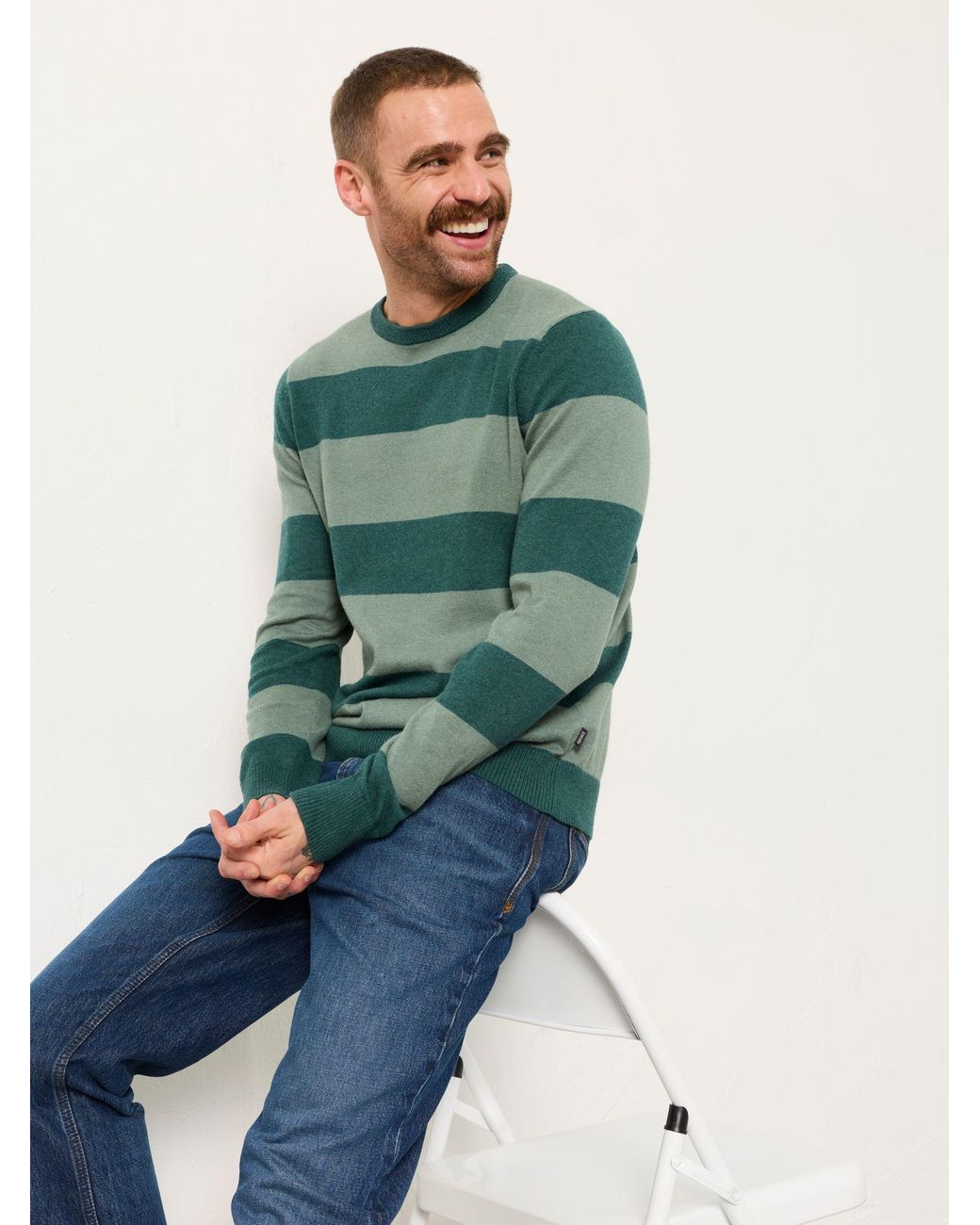 FatFace Green Rye Tonal Stripe Crew Jumper for men