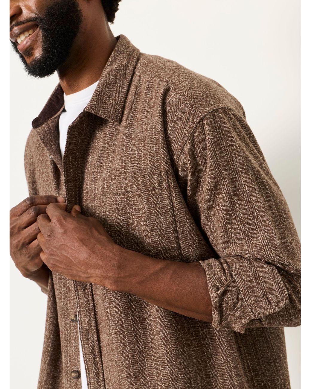FatFace Natural Fatface Long Sleeve Relaxed Fit Herringbone Stripe Brushed Shirt for men