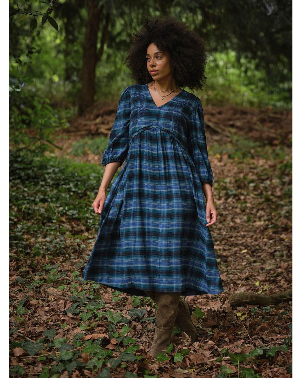 FatFace Blue Connie Petite Check Midi Dress