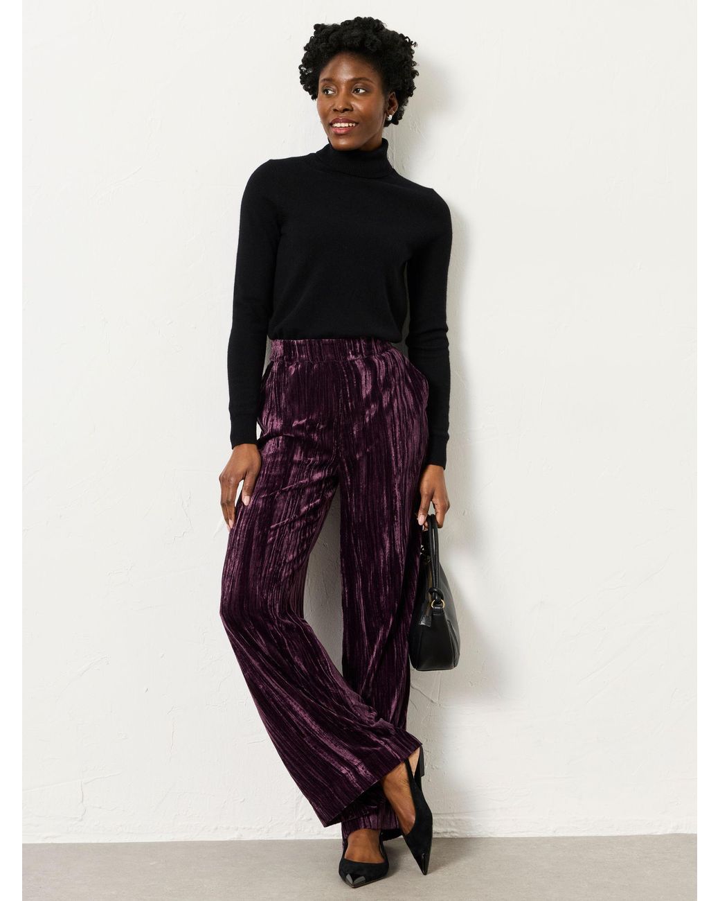 FatFace Purple Hetty Wide Leg Crinkle Velvet Trousers