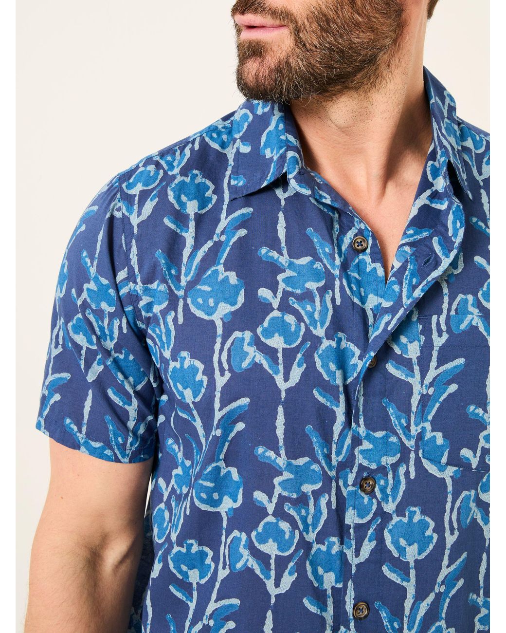 FatFace Blue Short Sleeve Sprig Print 100% Cotton Shirt for men