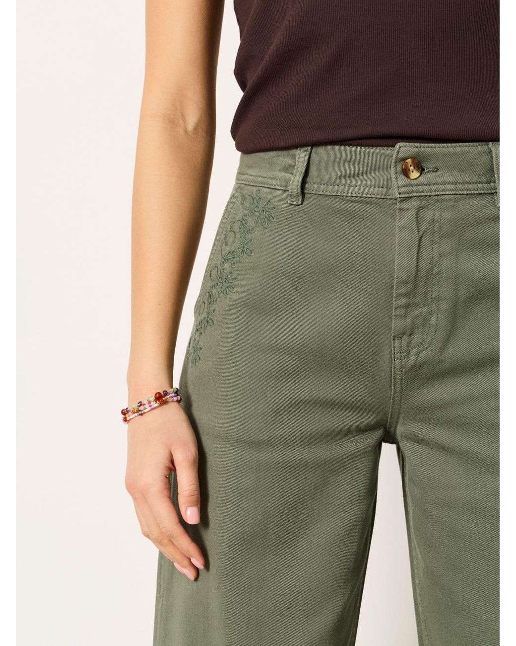 FatFace Green Hove Embroidered Wide Leg Crop Trouser