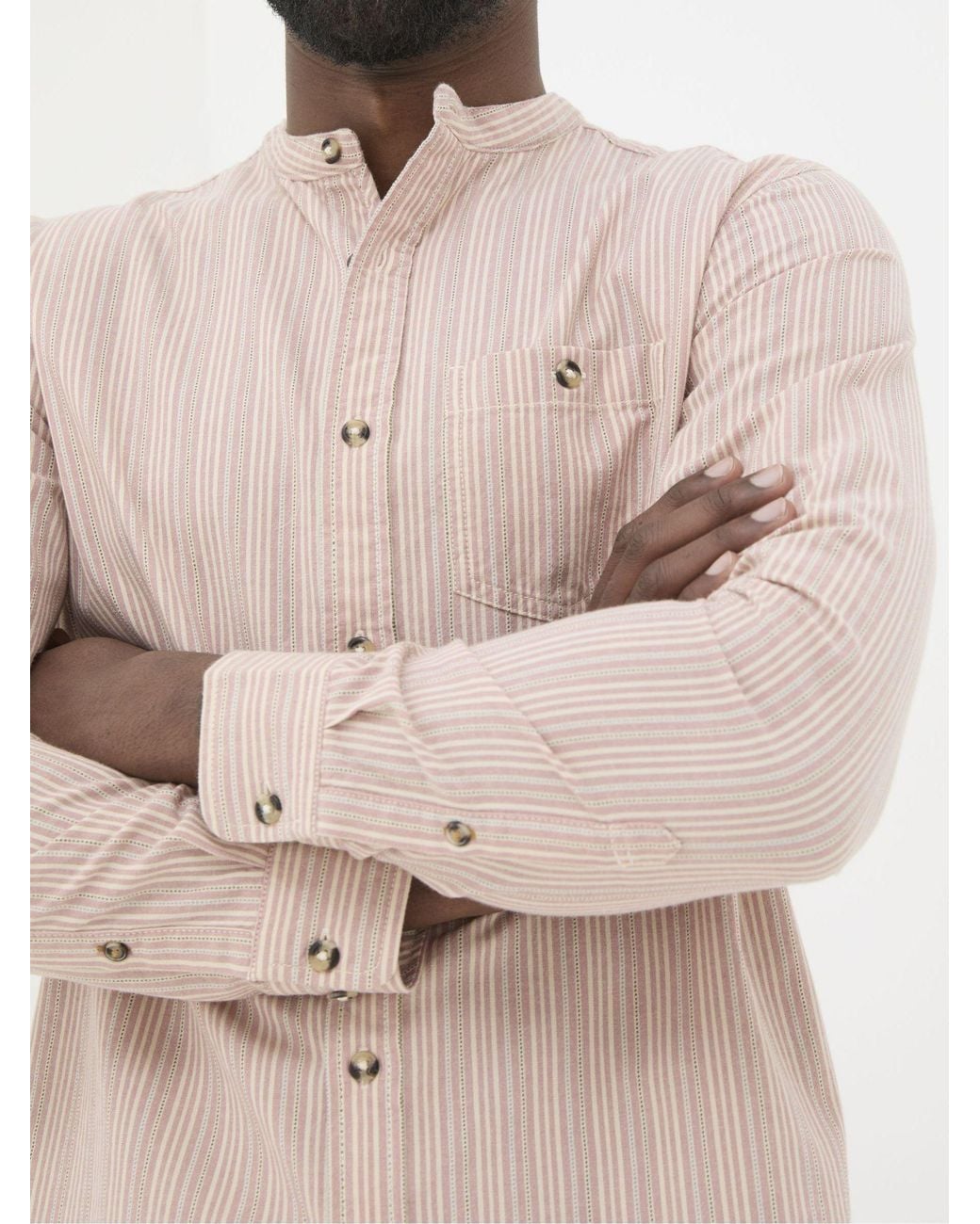 FatFace Natural Long Sleeve Stripe Grandad Shirt for men