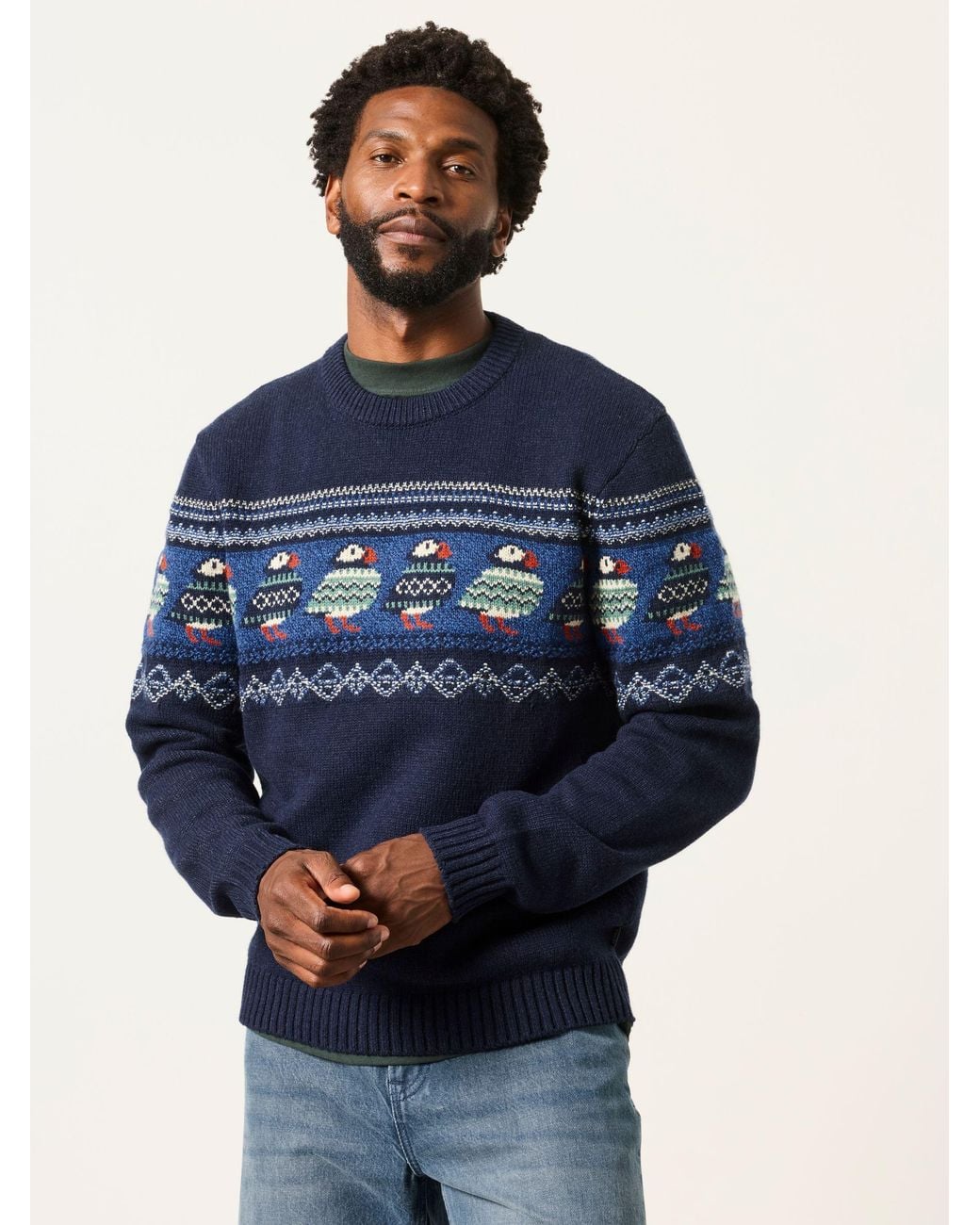 FatFace Blue Puffin Crew Neck Knitted Jumper for men