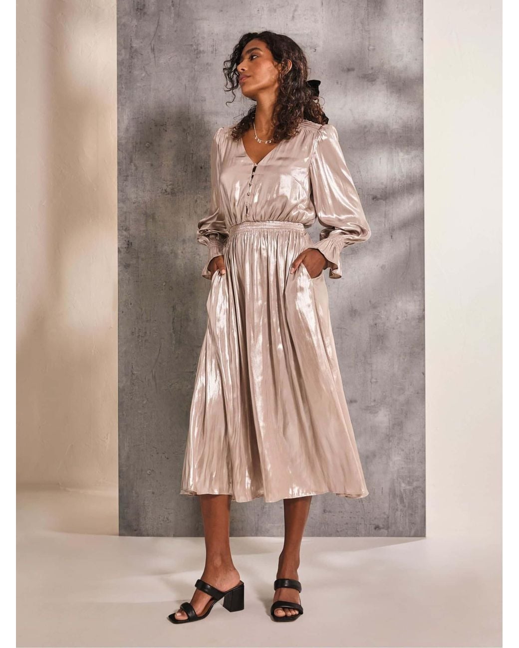 FatFace Natural Rina Metallic Midi Dress