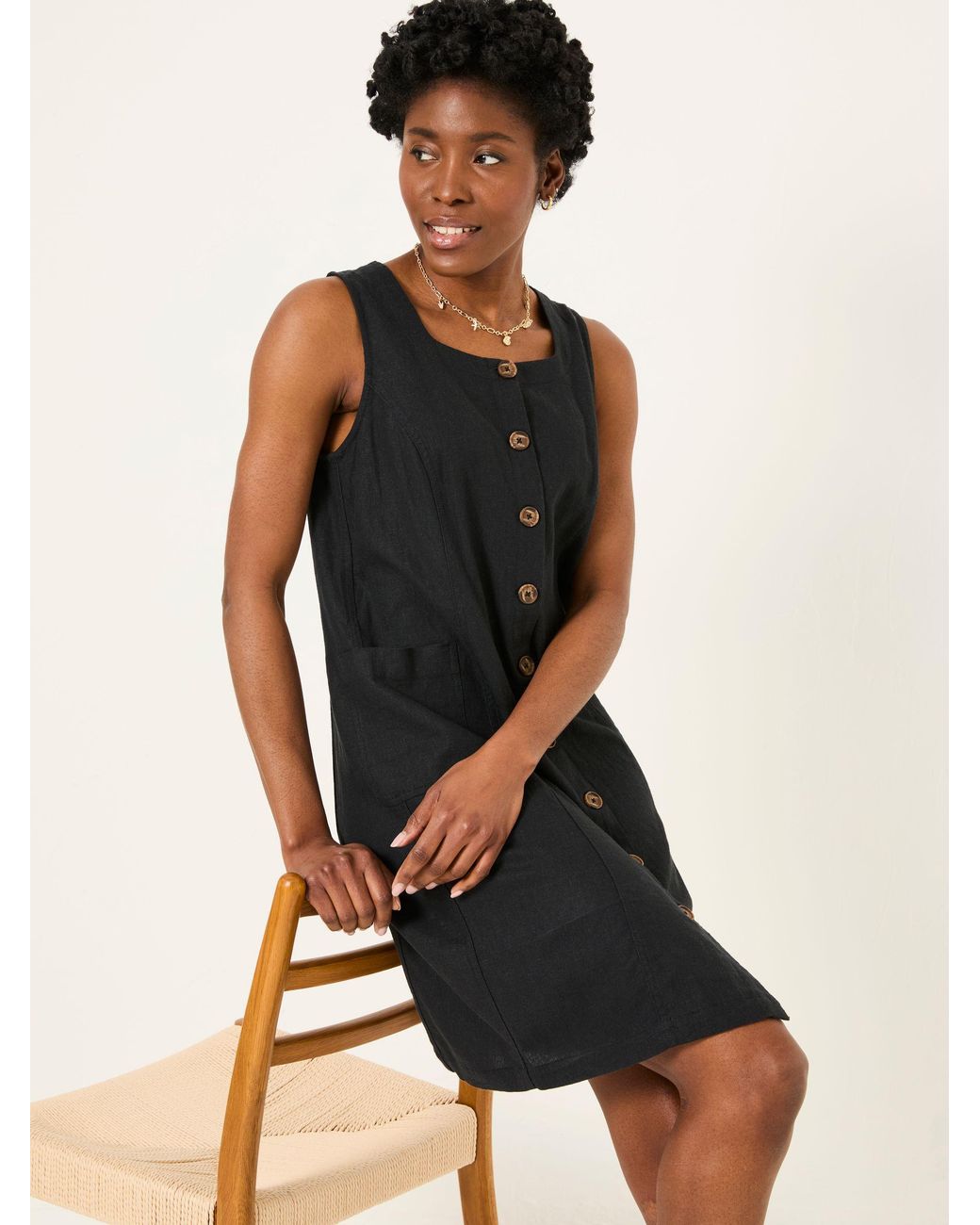 FatFace Black Binny Button Linen Dress