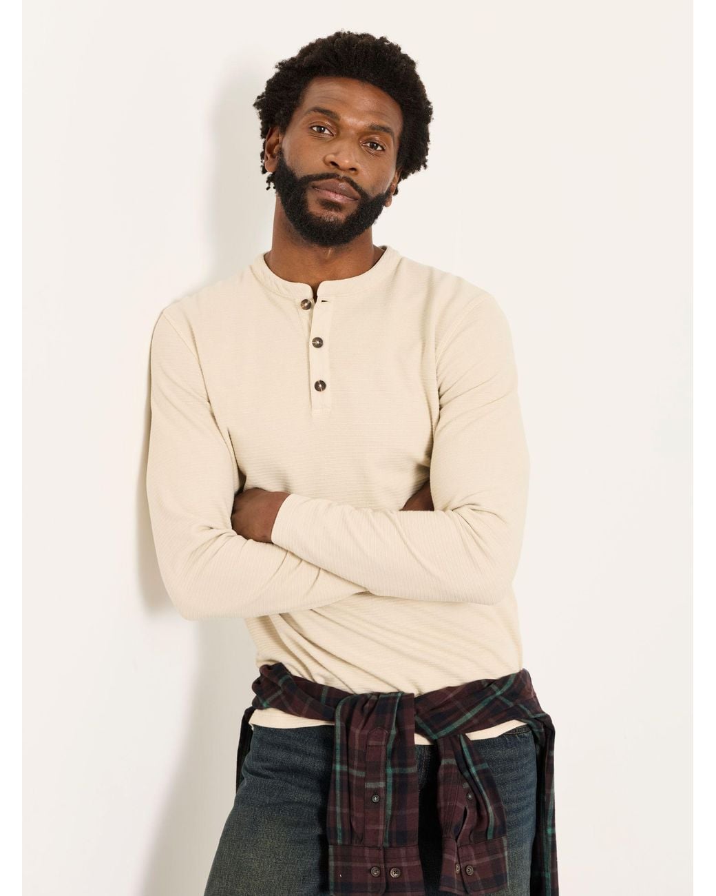 FatFace Natural Henley Long Sleeve Textured T-Shirt for men