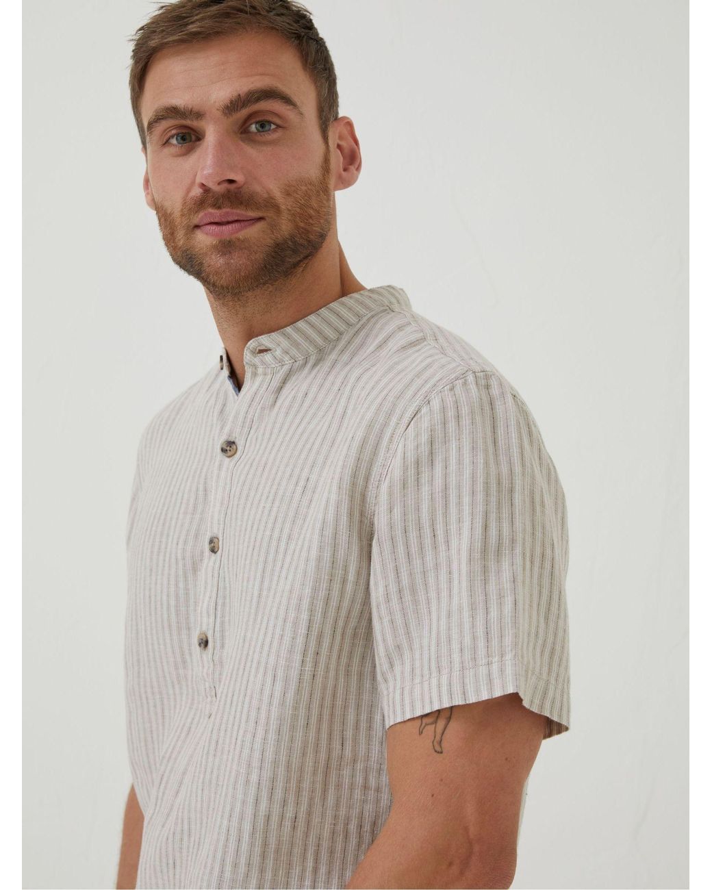 FatFace Gray Stripe Pop Over Linen Shirt for men